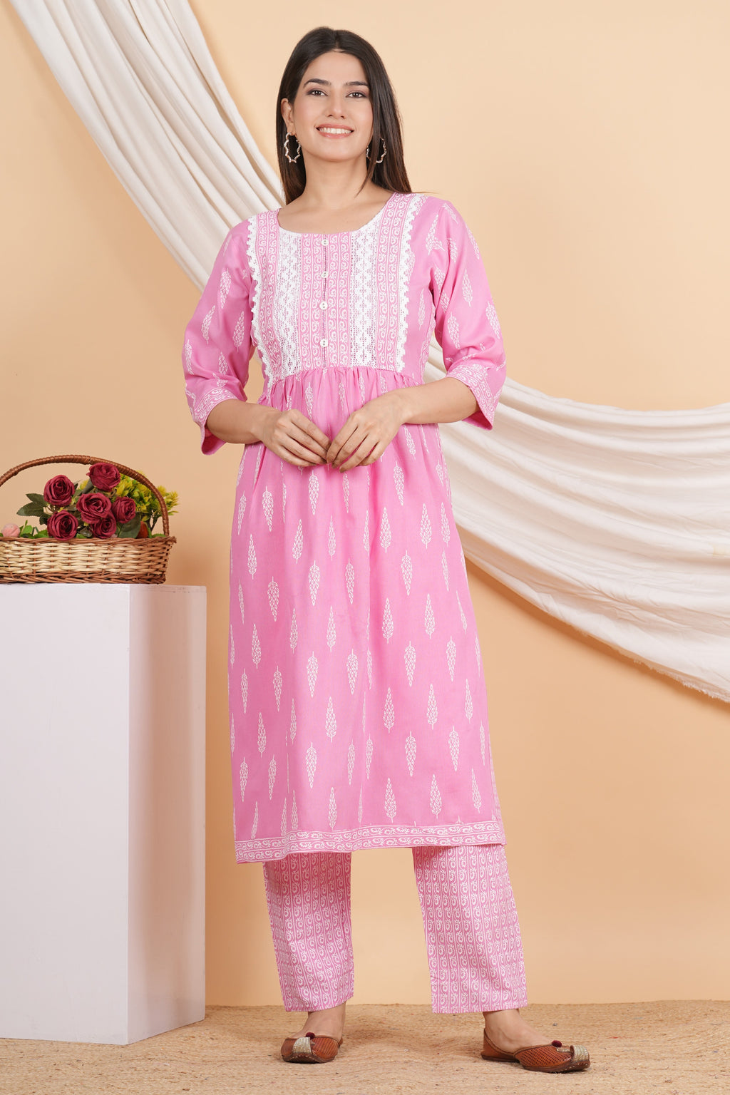 House of RP Women Pink Rayon Naira Cut Emboridered & Printed Kurta & Pant Set | Grocsy