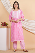 House of RP Women Pink Rayon Naira Cut Emboridered & Printed Kurta & Pant Set | Grocsy