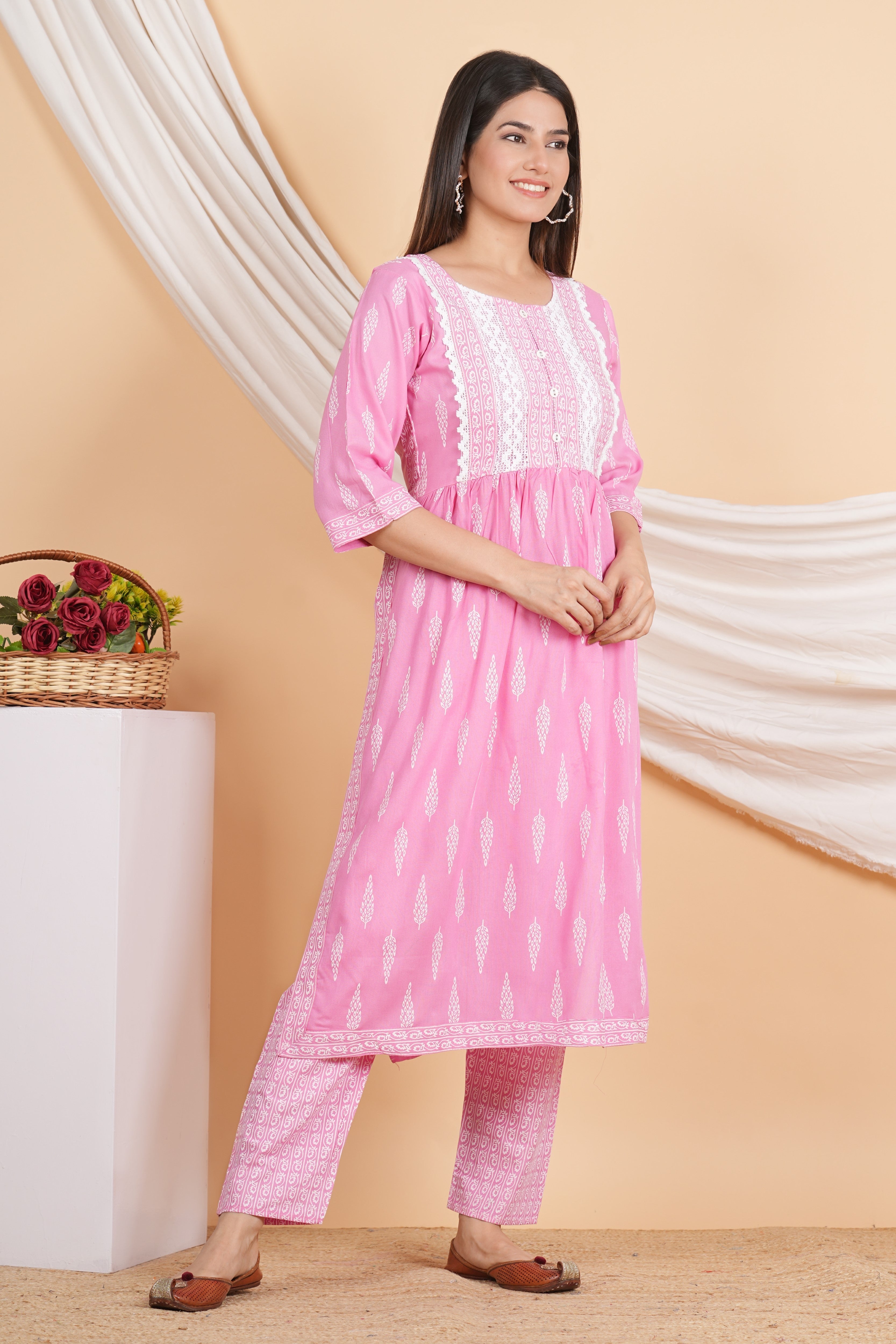 House of RP Women Pink Rayon Naira Cut Emboridered & Printed Kurta & Pant Set | Grocsy
