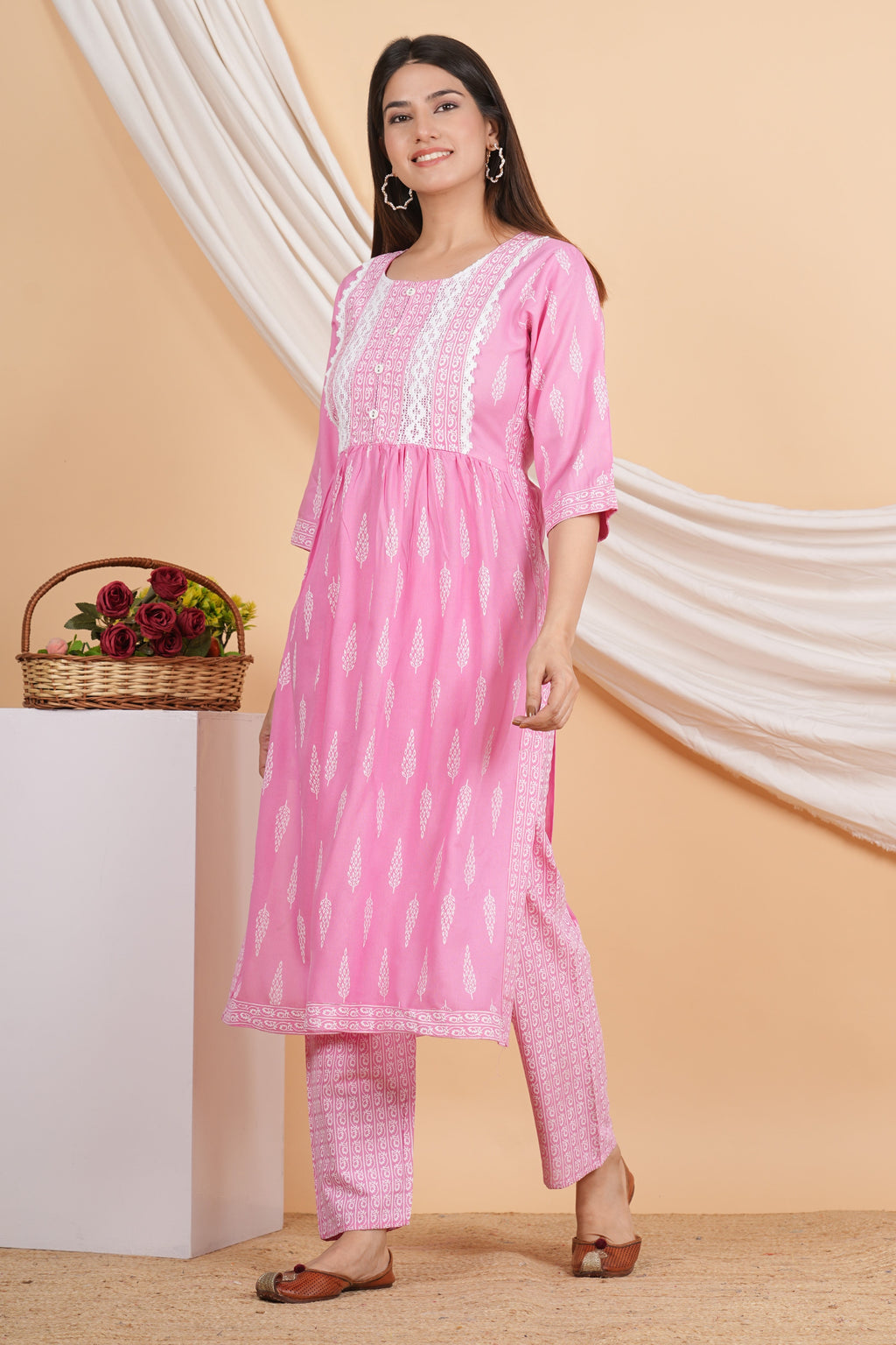 House of RP Women Pink Rayon Naira Cut Emboridered & Printed Kurta & Pant Set | Grocsy