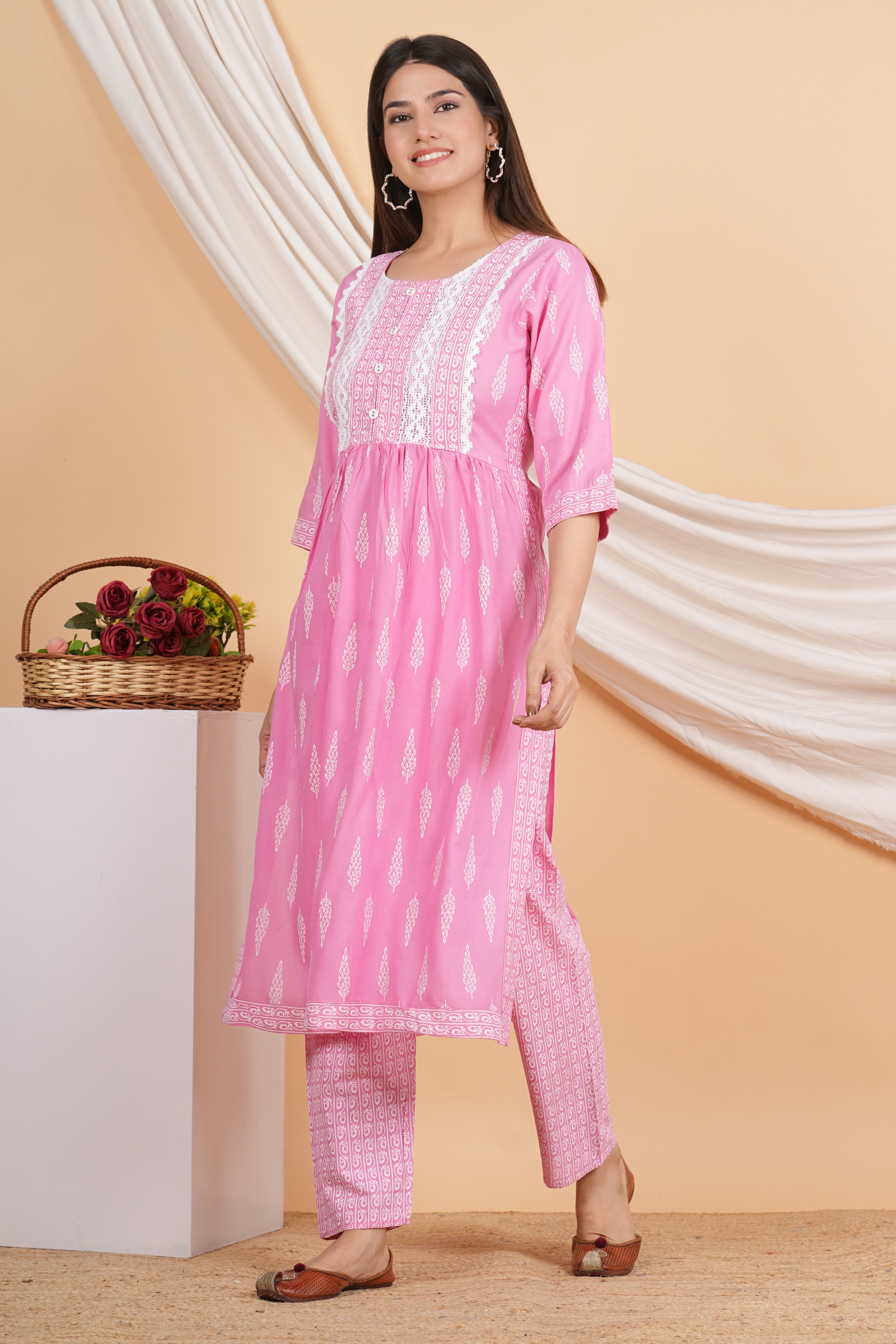 House of RP Women Pink Rayon Naira Cut Emboridered & Printed Kurta & Pant Set | Grocsy
