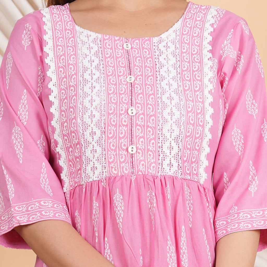 House of RP Women Pink Rayon Naira Cut Emboridered & Printed Kurta & Pant Set | Grocsy