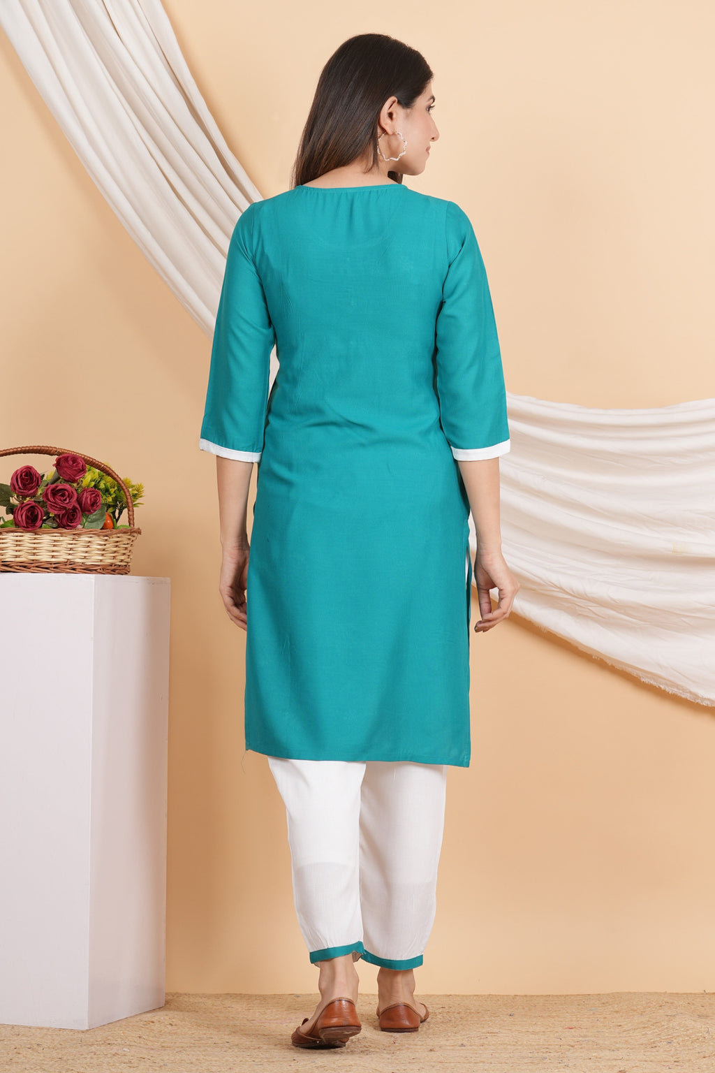 House of RP Women Teal Rayon Embroidered Kurta, Pant & Dupatta Set | Grocsy
