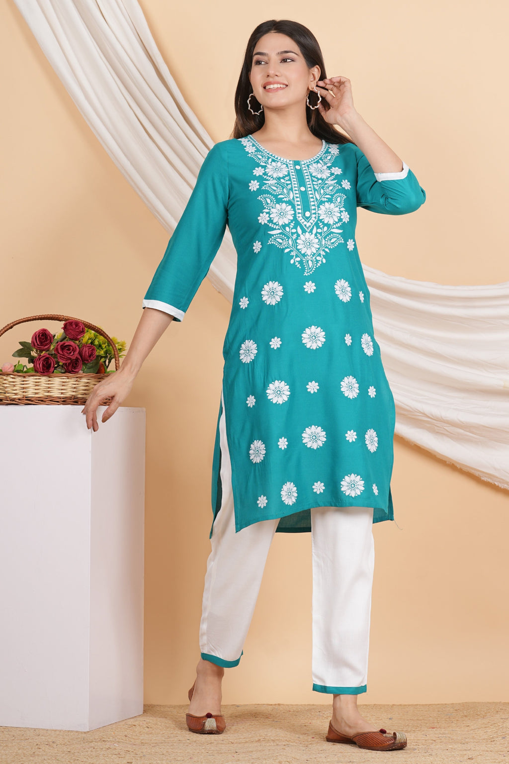 House of RP Women Teal Rayon Embroidered Kurta, Pant & Dupatta Set | Grocsy