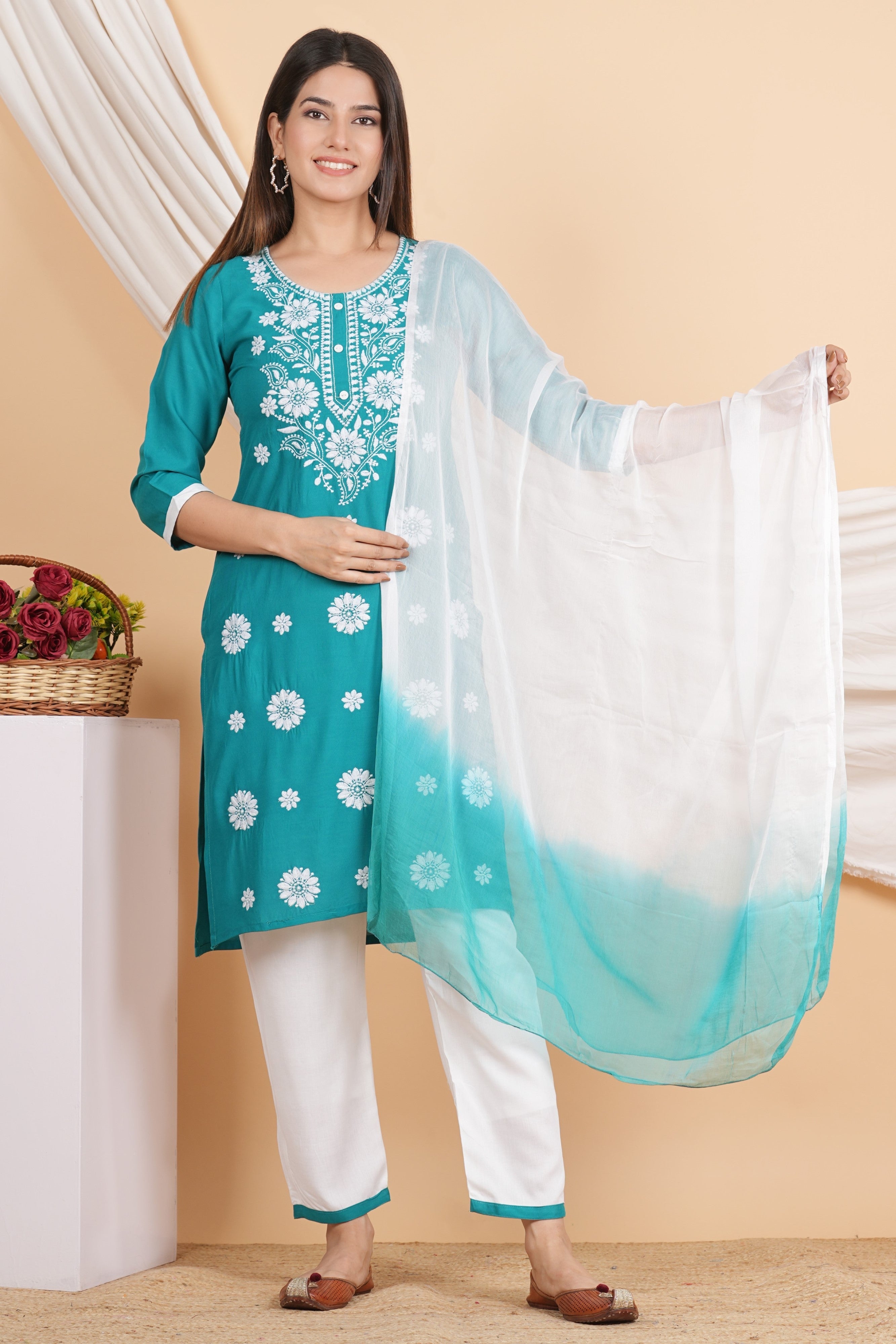 House of RP Women Teal Rayon Embroidered Kurta, Pant & Dupatta Set | Grocsy