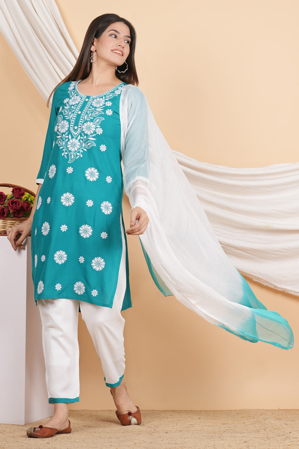 House of RP Women Teal Rayon Embroidered Kurta, Pant & Dupatta Set | Grocsy