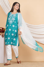 House of RP Women Teal Rayon Embroidered Kurta, Pant & Dupatta Set | Grocsy