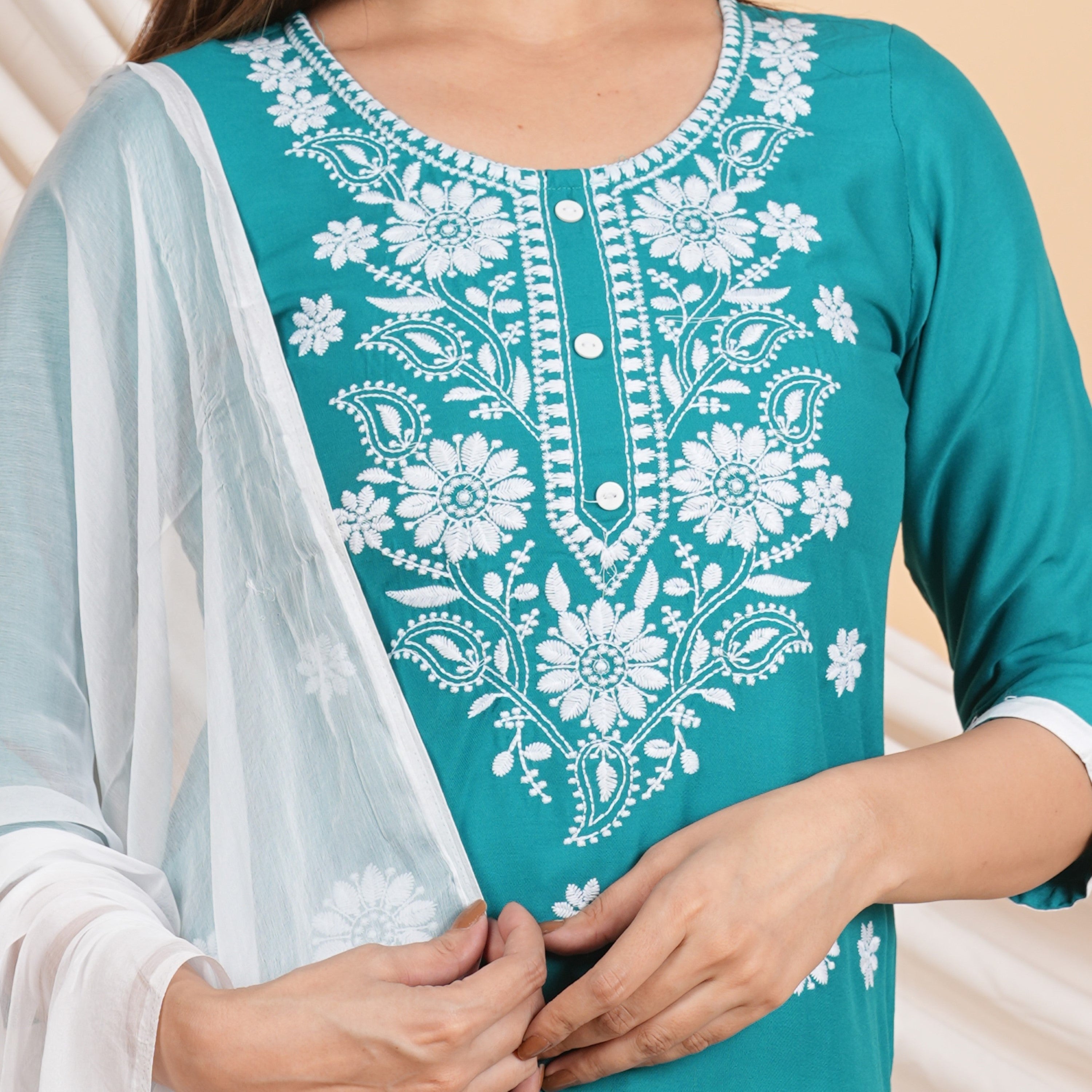 House of RP Women Teal Rayon Embroidered Kurta, Pant & Dupatta Set | Grocsy