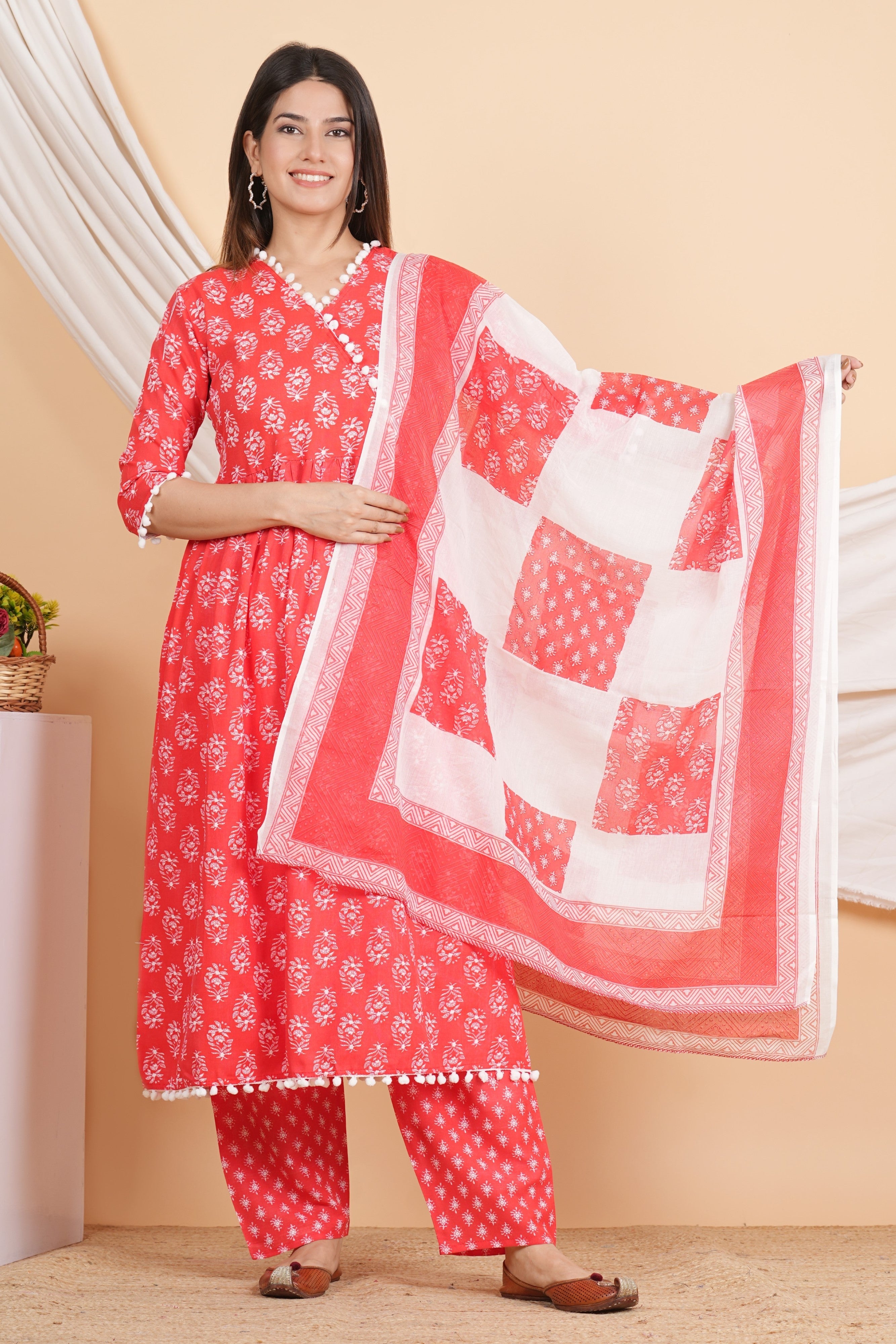 House of RP Women Red Rayon Embroidered Kurta, Pant & Dupatta Set | Grocsy