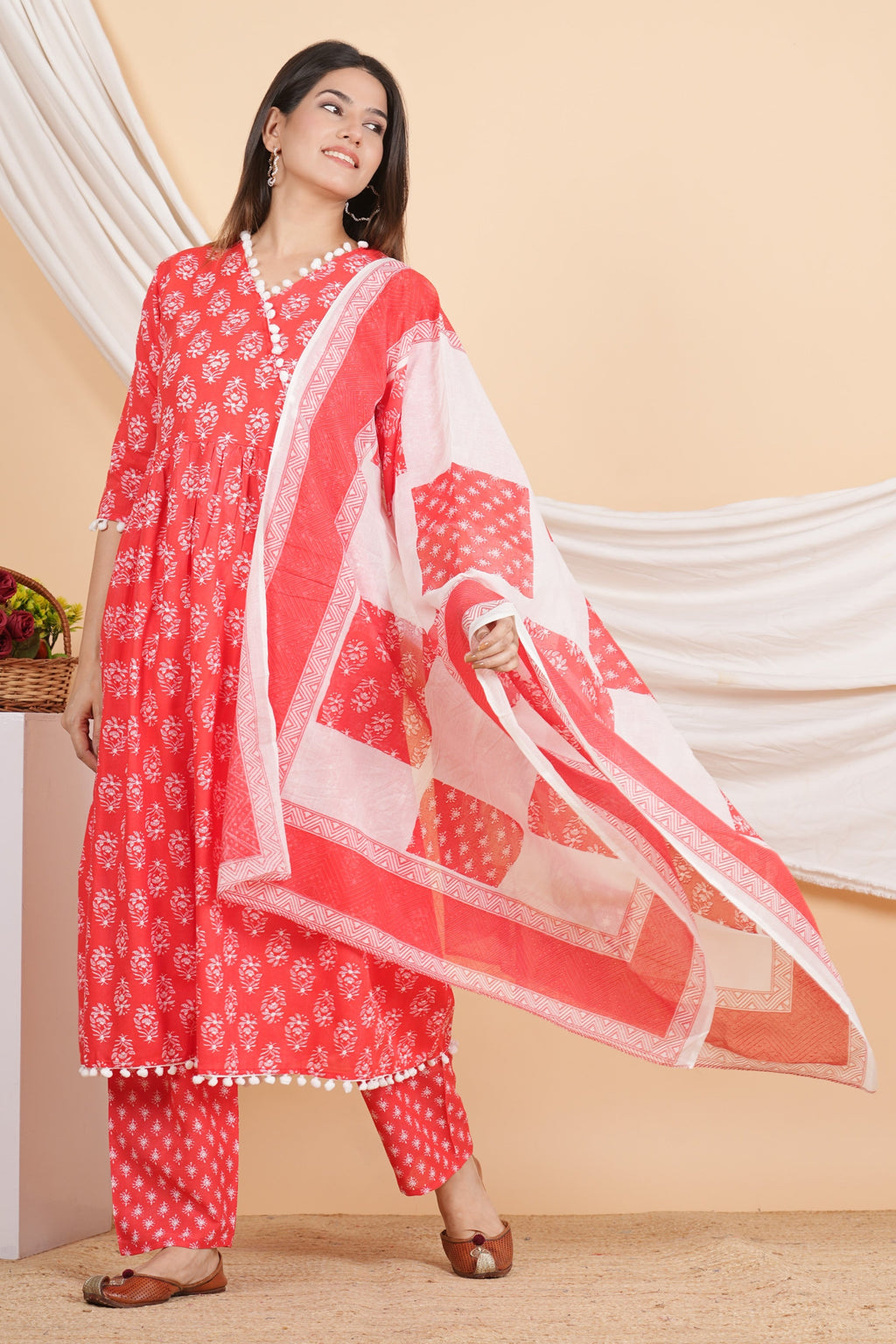 House of RP Women Red Rayon Embroidered Kurta, Pant & Dupatta Set | Grocsy
