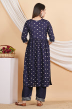 House of RP Women Blue Rayon Embroidered Naira Cut Kurta, Pant & Dupatta Set | Grocsy