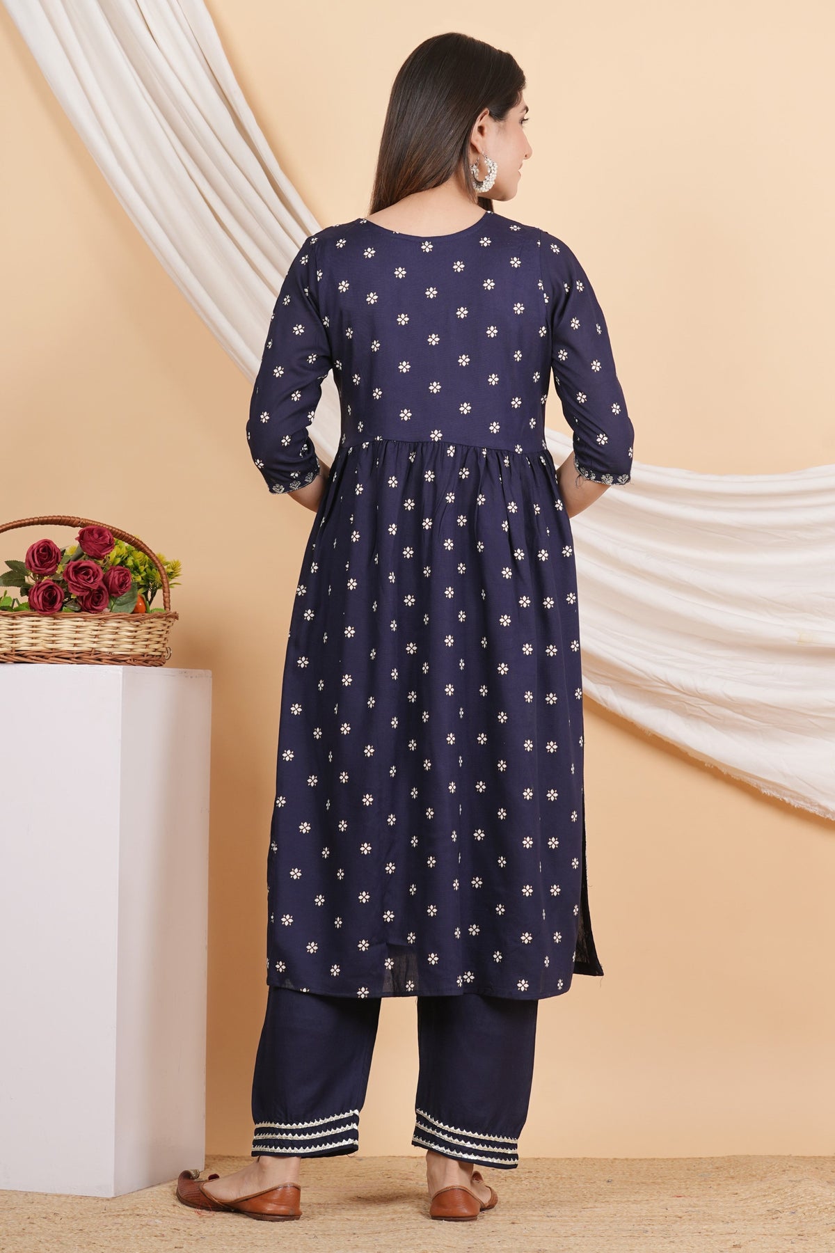 House of RP Women Blue Rayon Embroidered Naira Cut Kurta, Pant & Dupatta Set | Grocsy