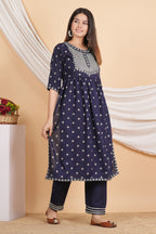 House of RP Women Blue Rayon Embroidered Naira Cut Kurta, Pant & Dupatta Set | Grocsy