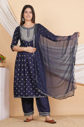 House of RP Women Blue Rayon Embroidered Naira Cut Kurta, Pant & Dupatta Set | Grocsy