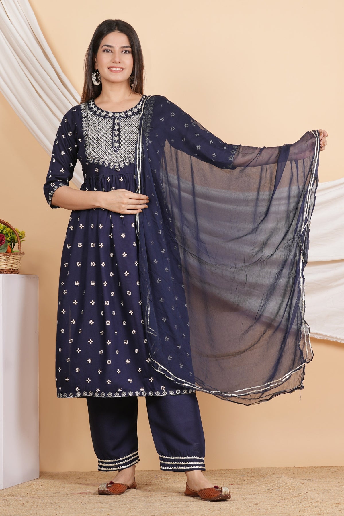 House of RP Women Blue Rayon Embroidered Naira Cut Kurta, Pant & Dupatta Set | Grocsy