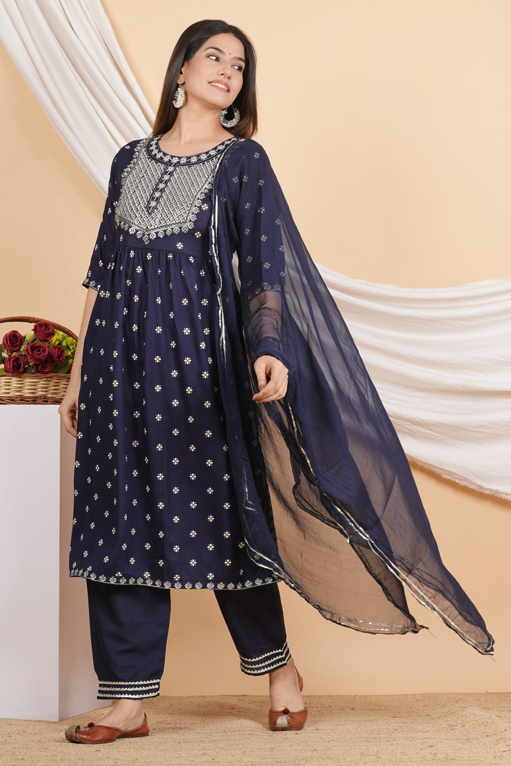 House of RP Women Blue Rayon Embroidered Naira Cut Kurta, Pant & Dupatta Set | Grocsy