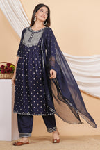 House of RP Women Blue Rayon Embroidered Naira Cut Kurta, Pant & Dupatta Set | Grocsy