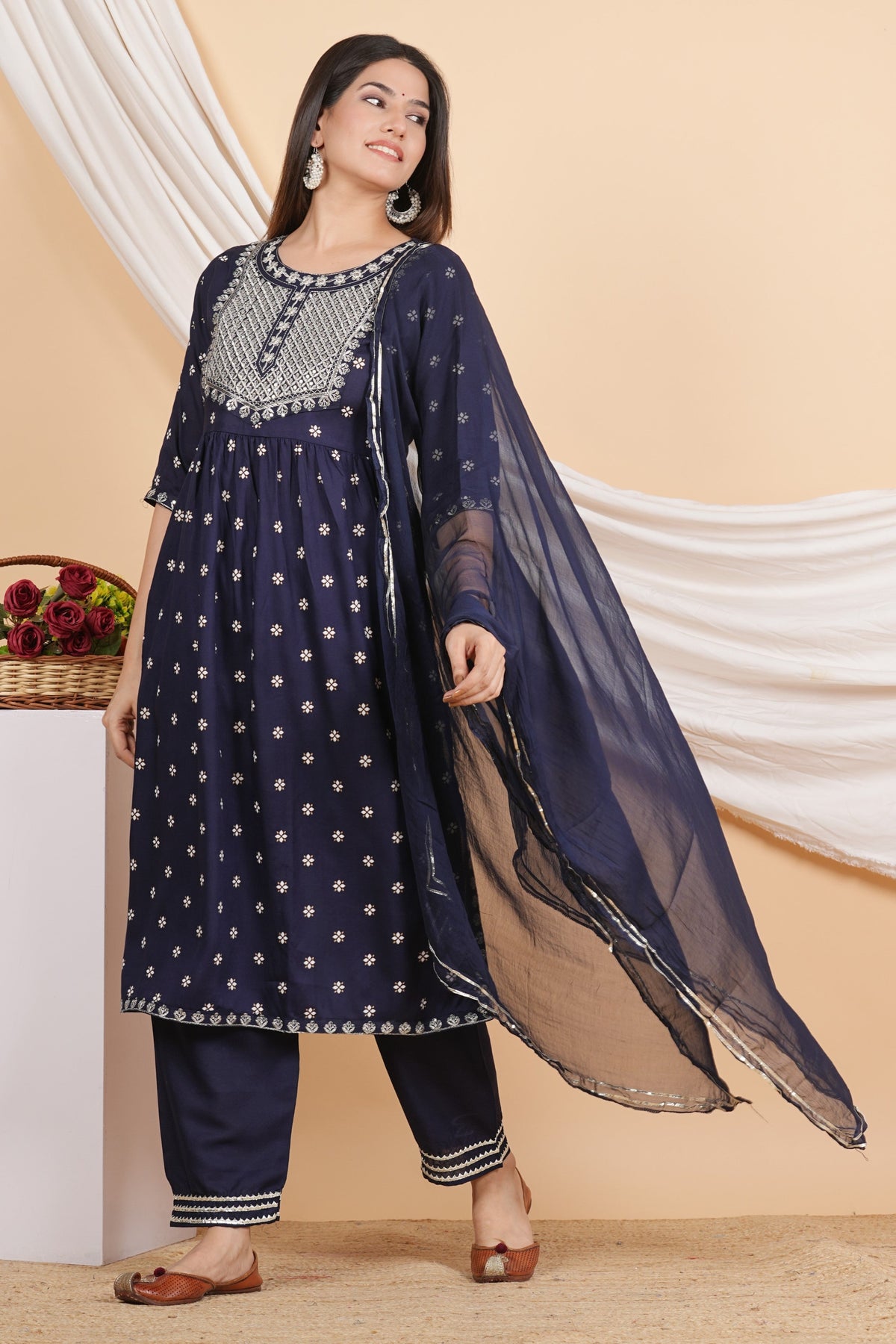 House of RP Women Blue Rayon Embroidered Naira Cut Kurta, Pant & Dupatta Set | Grocsy