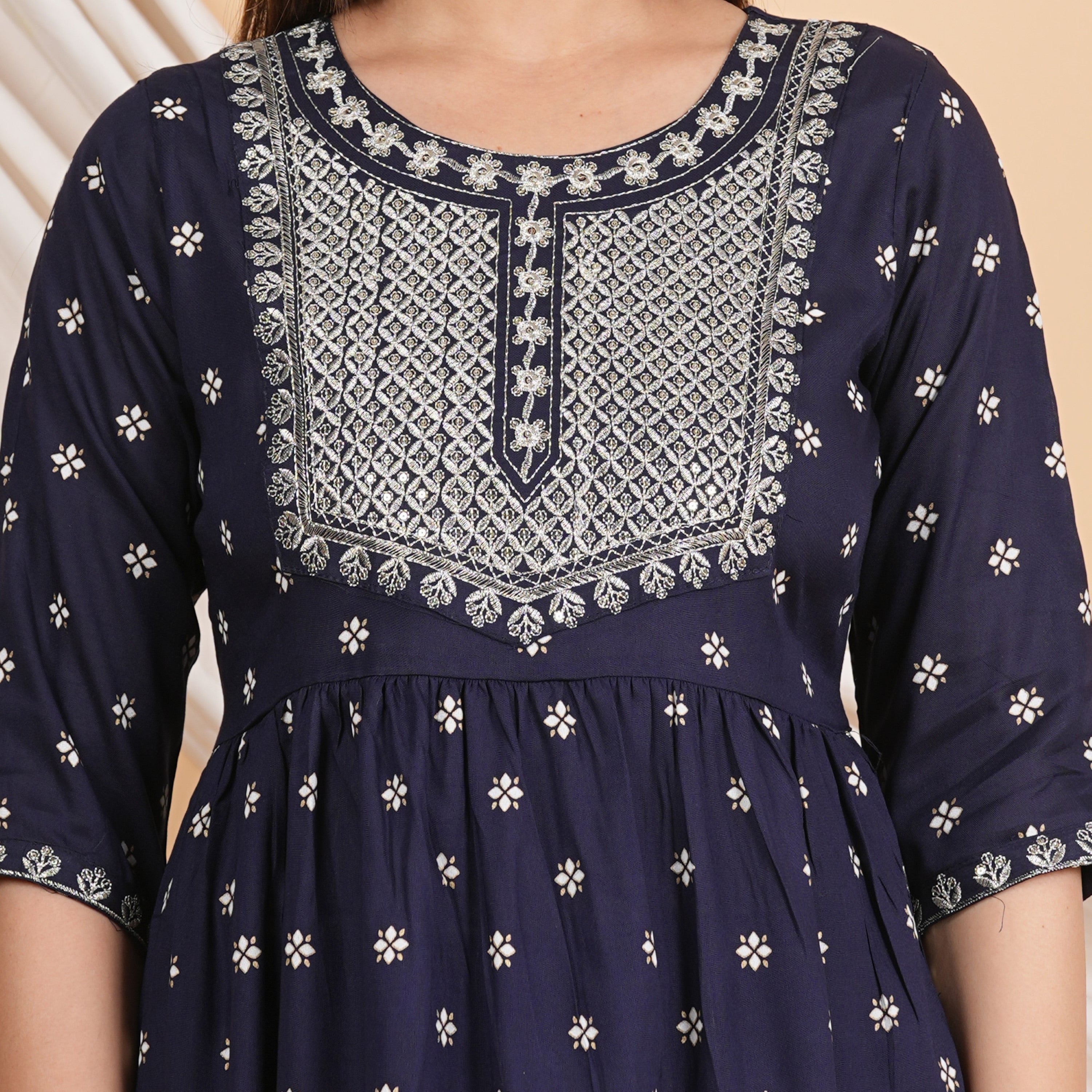 House of RP Women Blue Rayon Embroidered Naira Cut Kurta, Pant & Dupatta Set | Grocsy