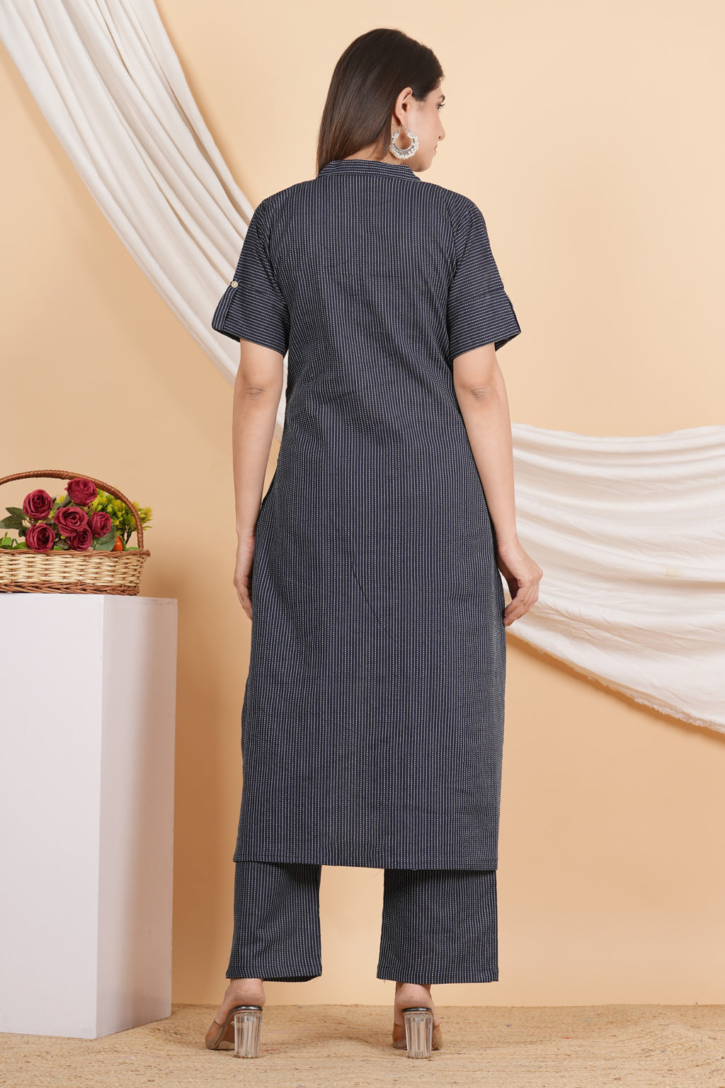 House of RP Women Black Rayon Striped Kurta & Palazzo Set | Grocsy