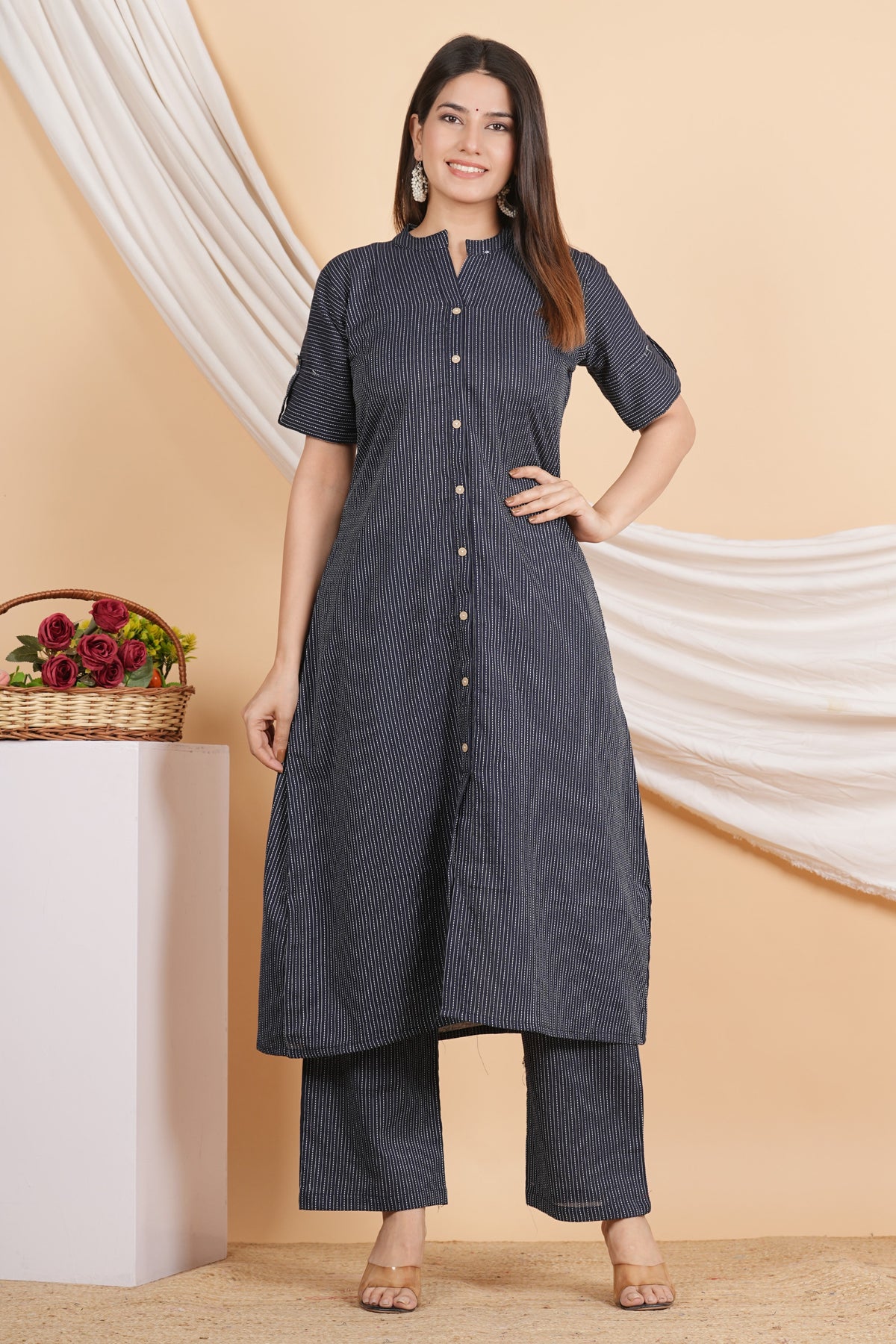 House of RP Women Black Rayon Striped Kurta & Palazzo Set | Grocsy
