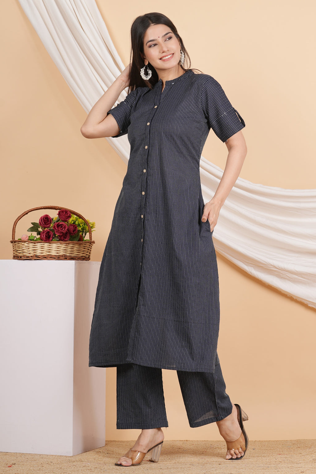 House of RP Women Black Rayon Striped Kurta & Palazzo Set | Grocsy