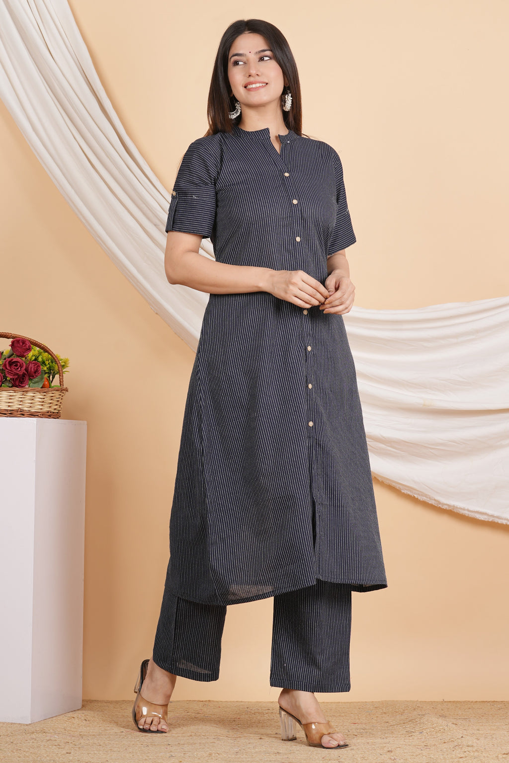 House of RP Women Black Rayon Striped Kurta & Palazzo Set | Grocsy