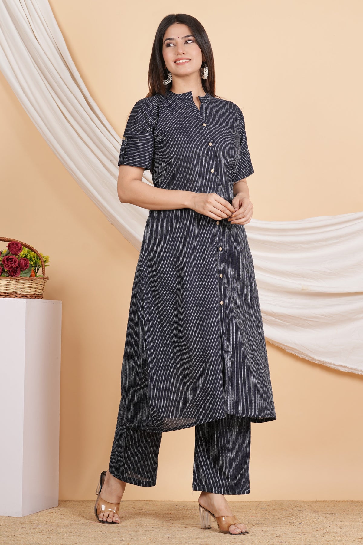 House of RP Women Black Rayon Striped Kurta & Palazzo Set | Grocsy