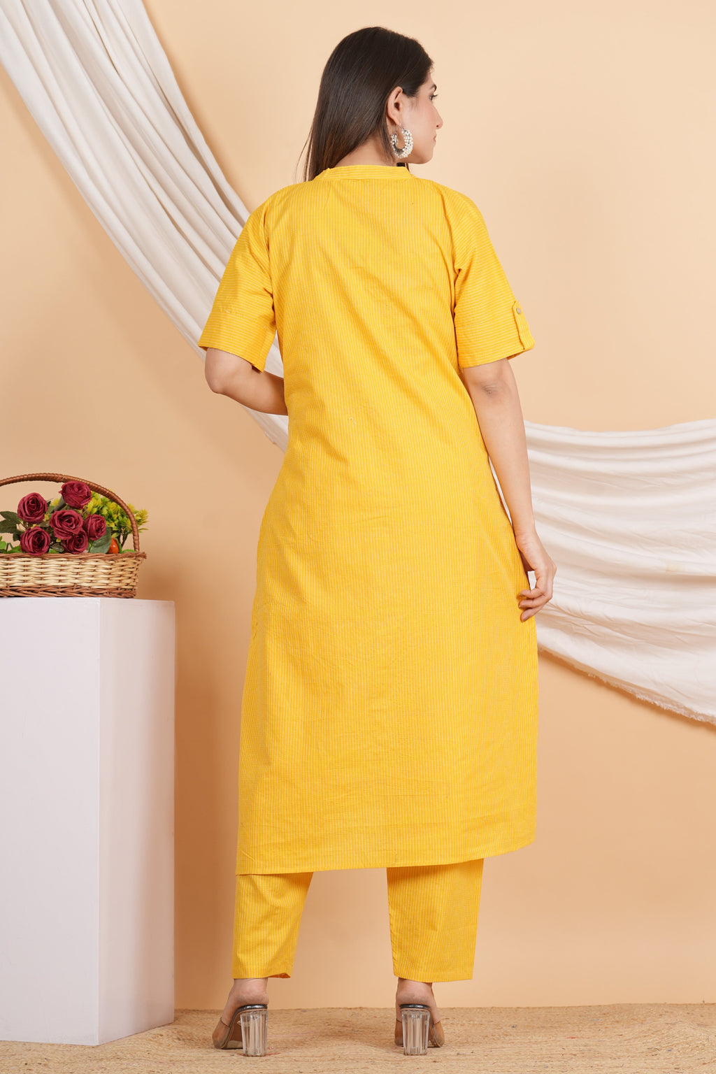 House of RP Women Yellow Rayon Striped Kurta & Palazzo Set | Grocsy