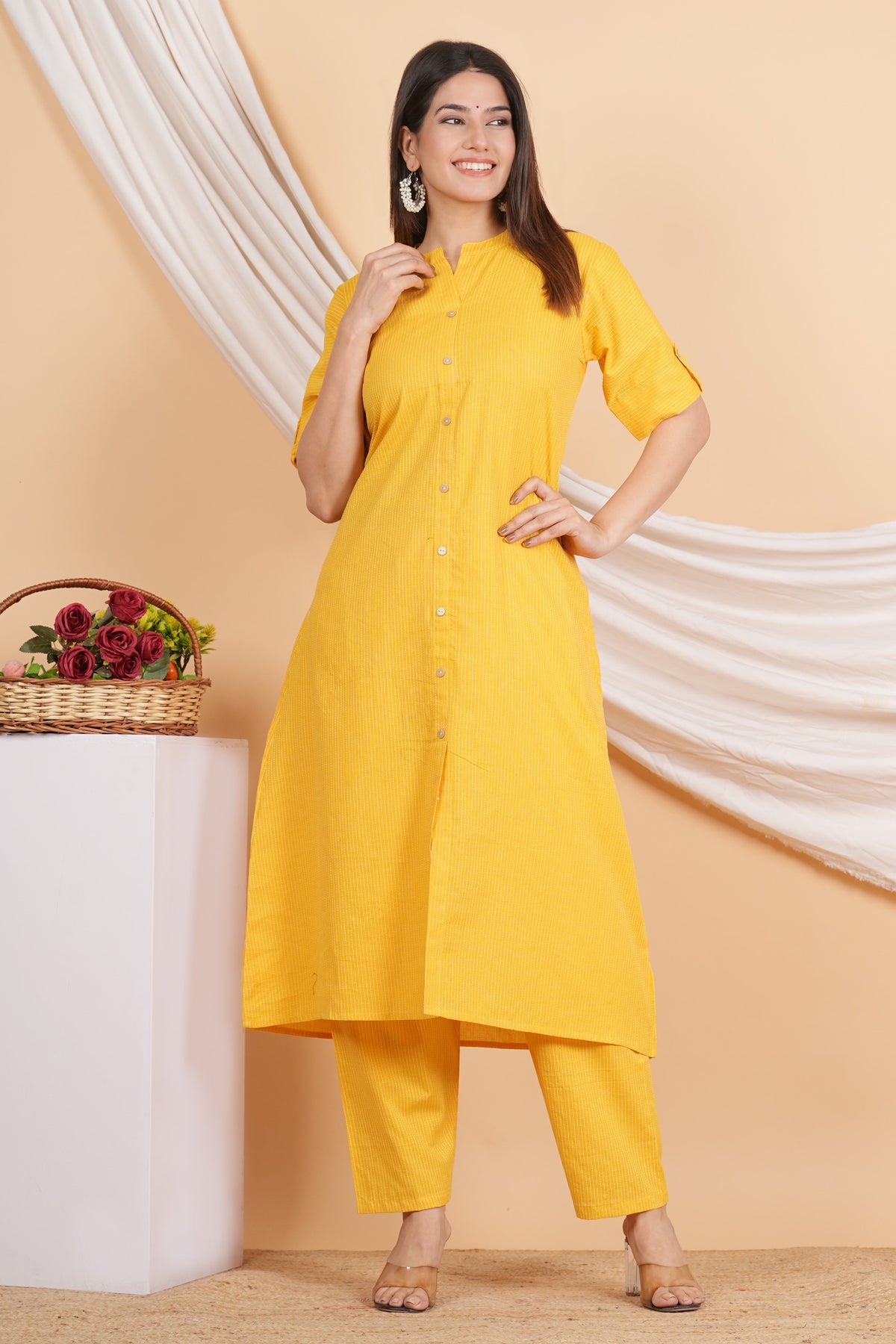 House of RP Women Yellow Rayon Striped Kurta & Palazzo Set | Grocsy