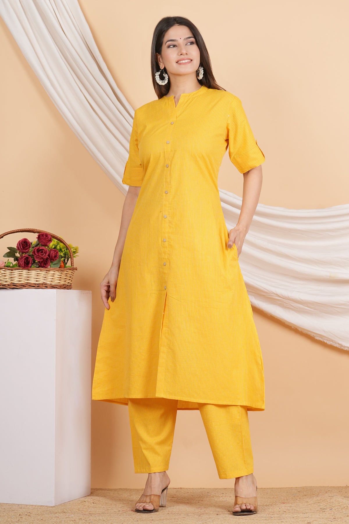 House of RP Women Yellow Rayon Striped Kurta & Palazzo Set | Grocsy