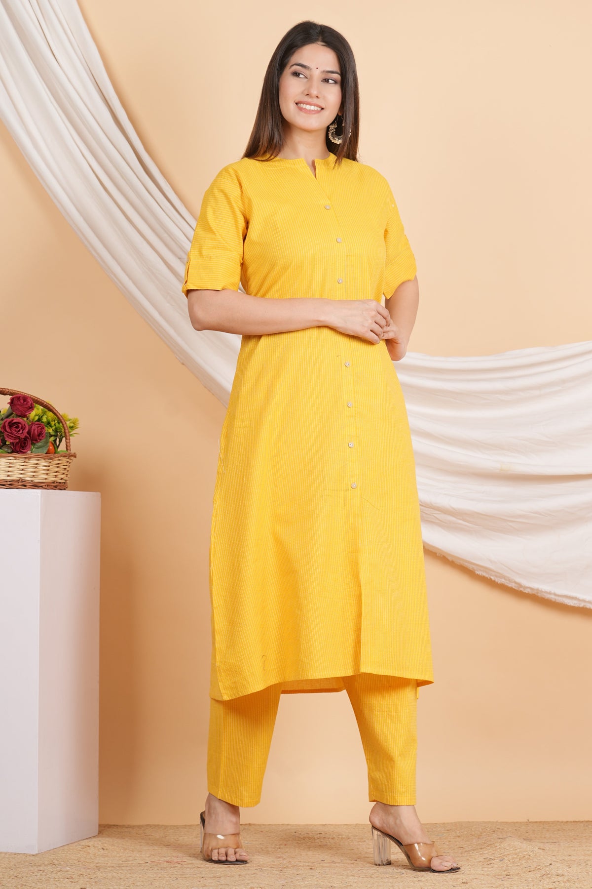 House of RP Women Yellow Rayon Striped Kurta & Palazzo Set | Grocsy