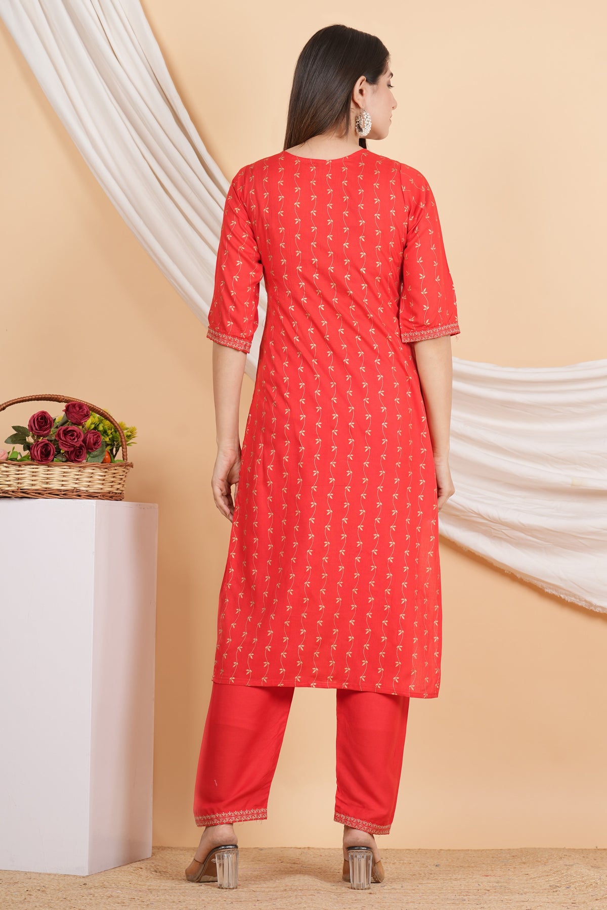 House of RP Women Red Rayon Embroidered & Printed Kurta & Pant Set | Grocsy
