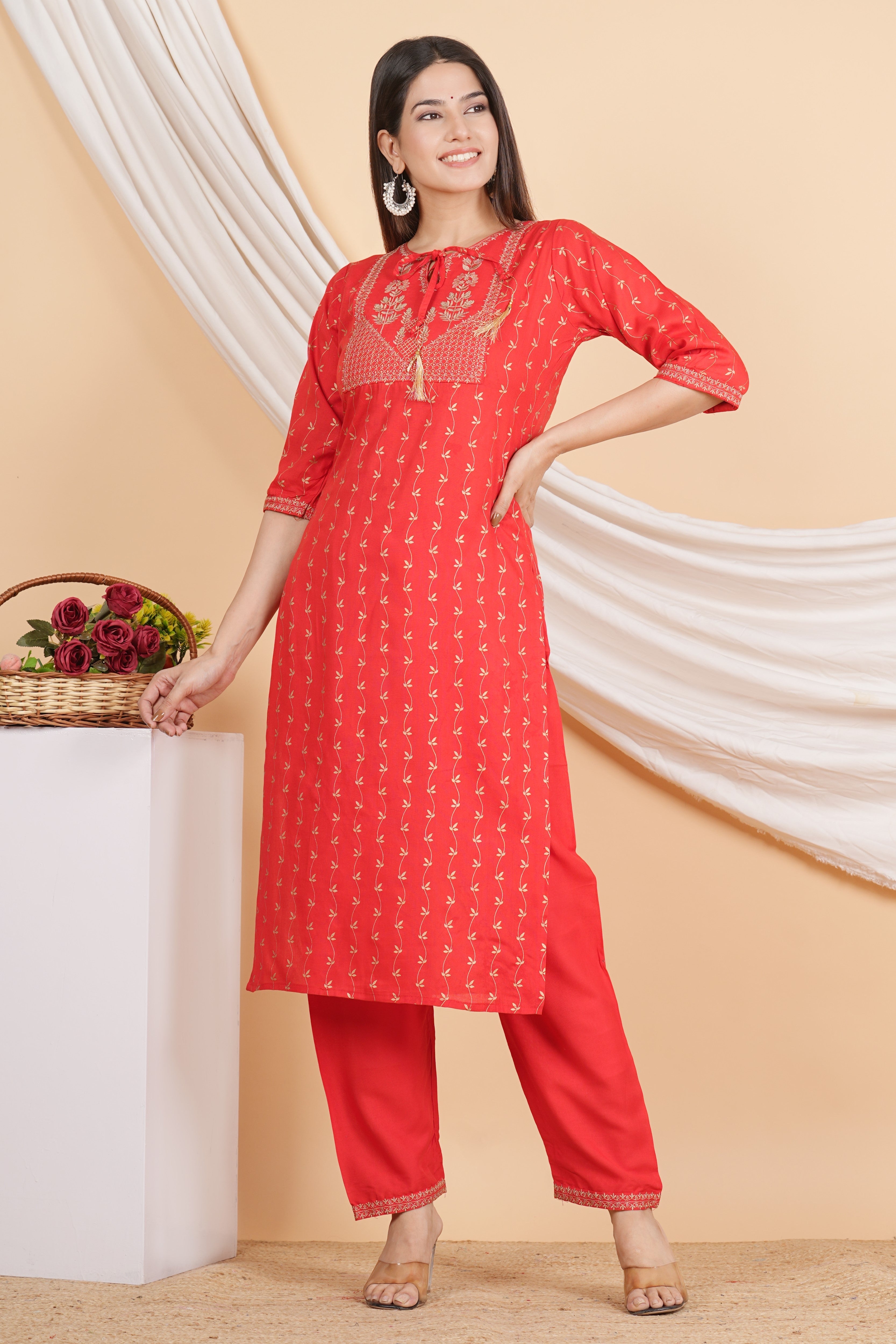 House of RP Women Red Rayon Embroidered & Printed Kurta & Pant Set | Grocsy