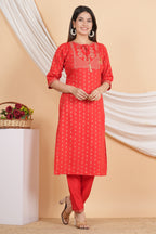 House of RP Women Red Rayon Embroidered & Printed Kurta & Pant Set | Grocsy