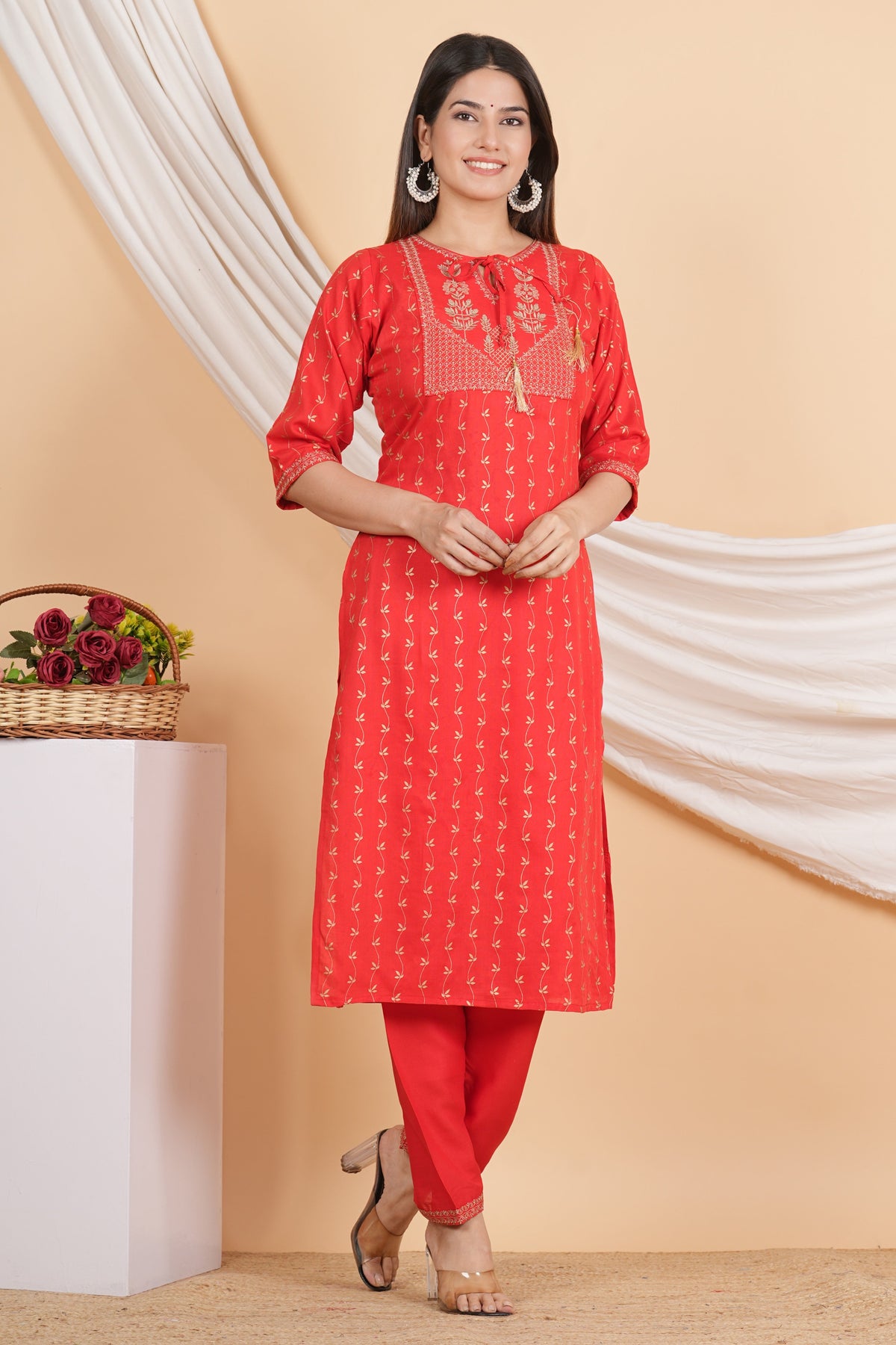 House of RP Women Red Rayon Embroidered & Printed Kurta & Pant Set | Grocsy