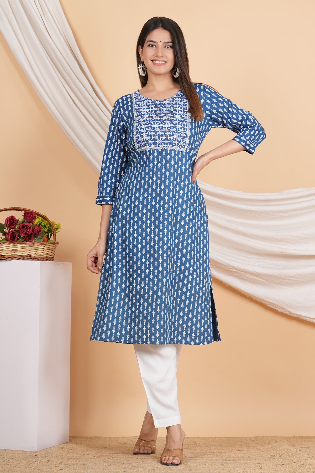 House of RP Women Sky Blue Rayon Embroidered & Printed Kurta & Pant Set | Grocsy