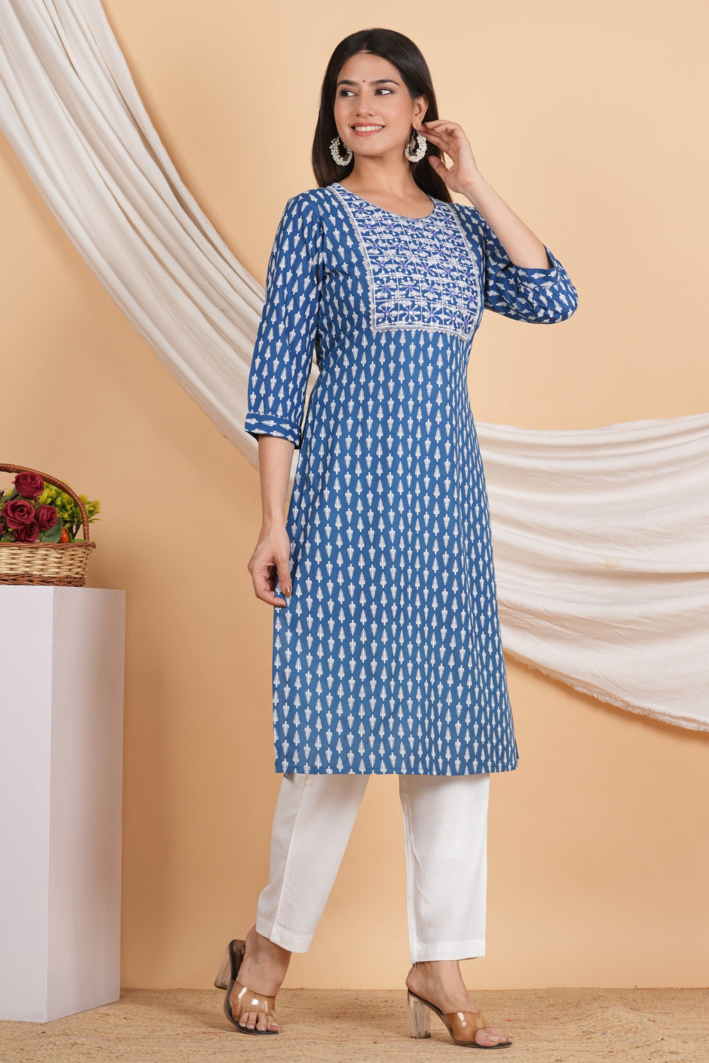 House of RP Women Sky Blue Rayon Embroidered & Printed Kurta & Pant Set | Grocsy