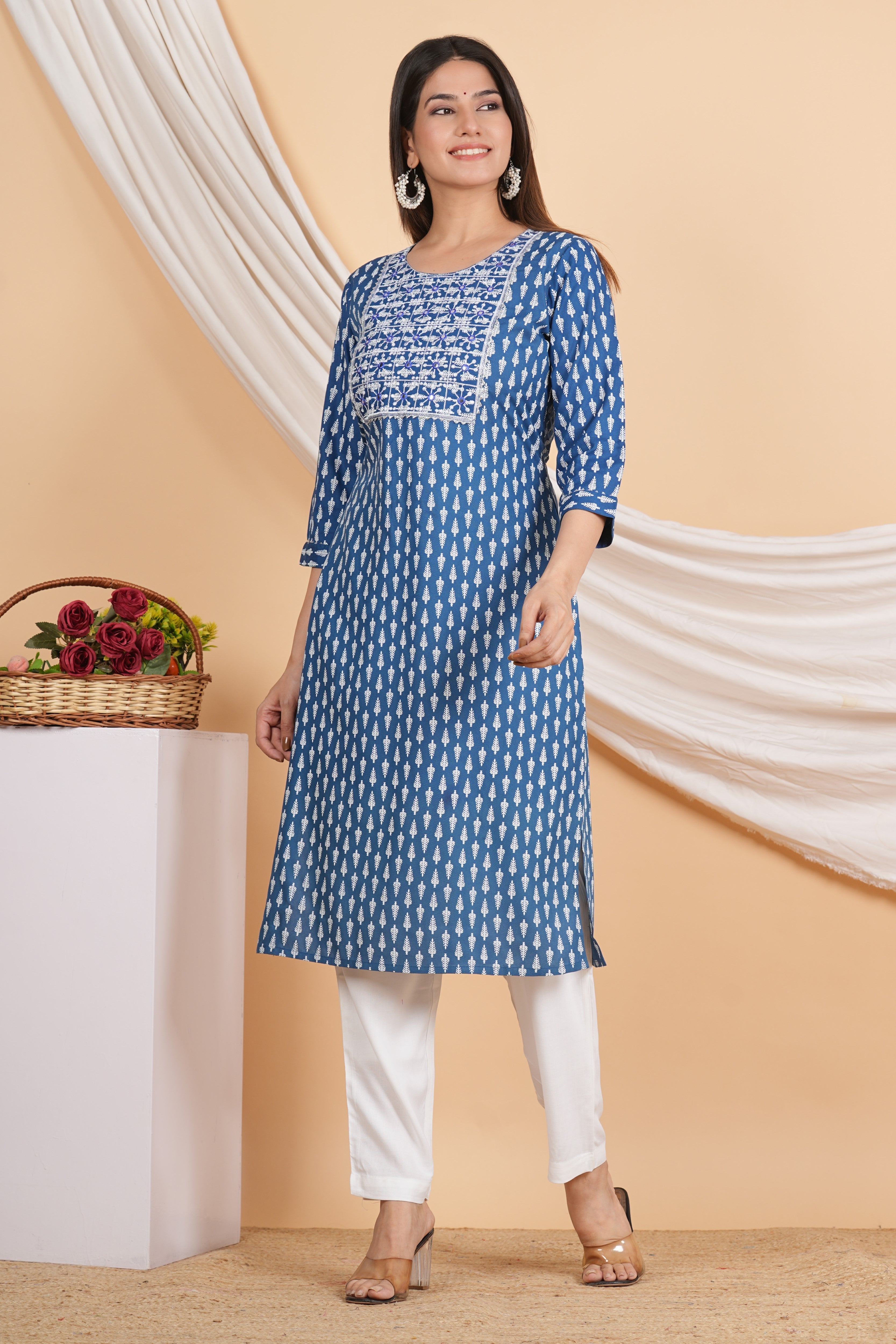House of RP Women Sky Blue Rayon Embroidered & Printed Kurta & Pant Set | Grocsy