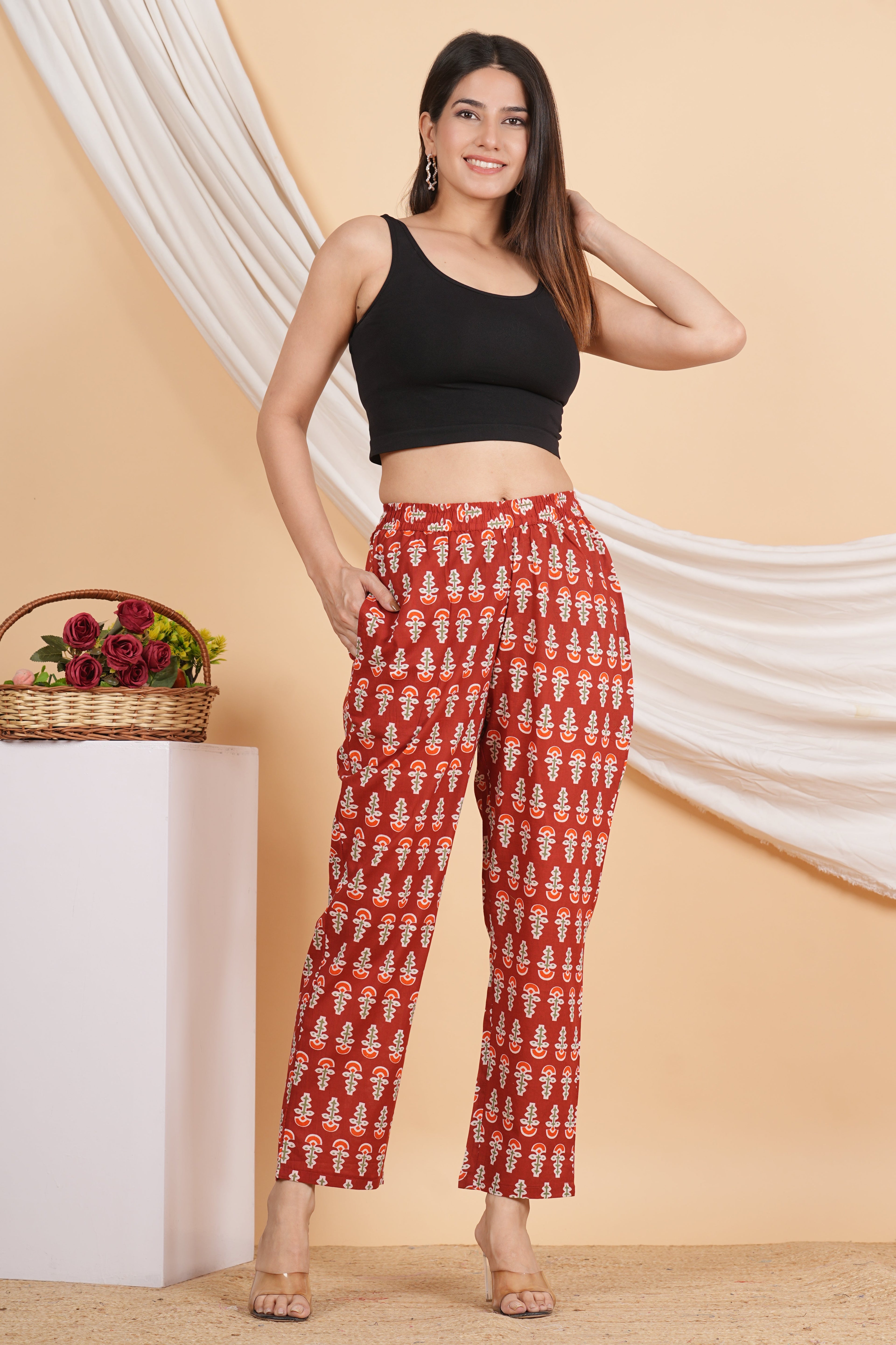House of RP Women Maroon Cotton casual Trouser | Grocsy