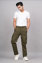 House of RP Men's Cotton Green Slim Fit Solid Cargos, Casual Trousers with Cargo Pockets | Grocsy