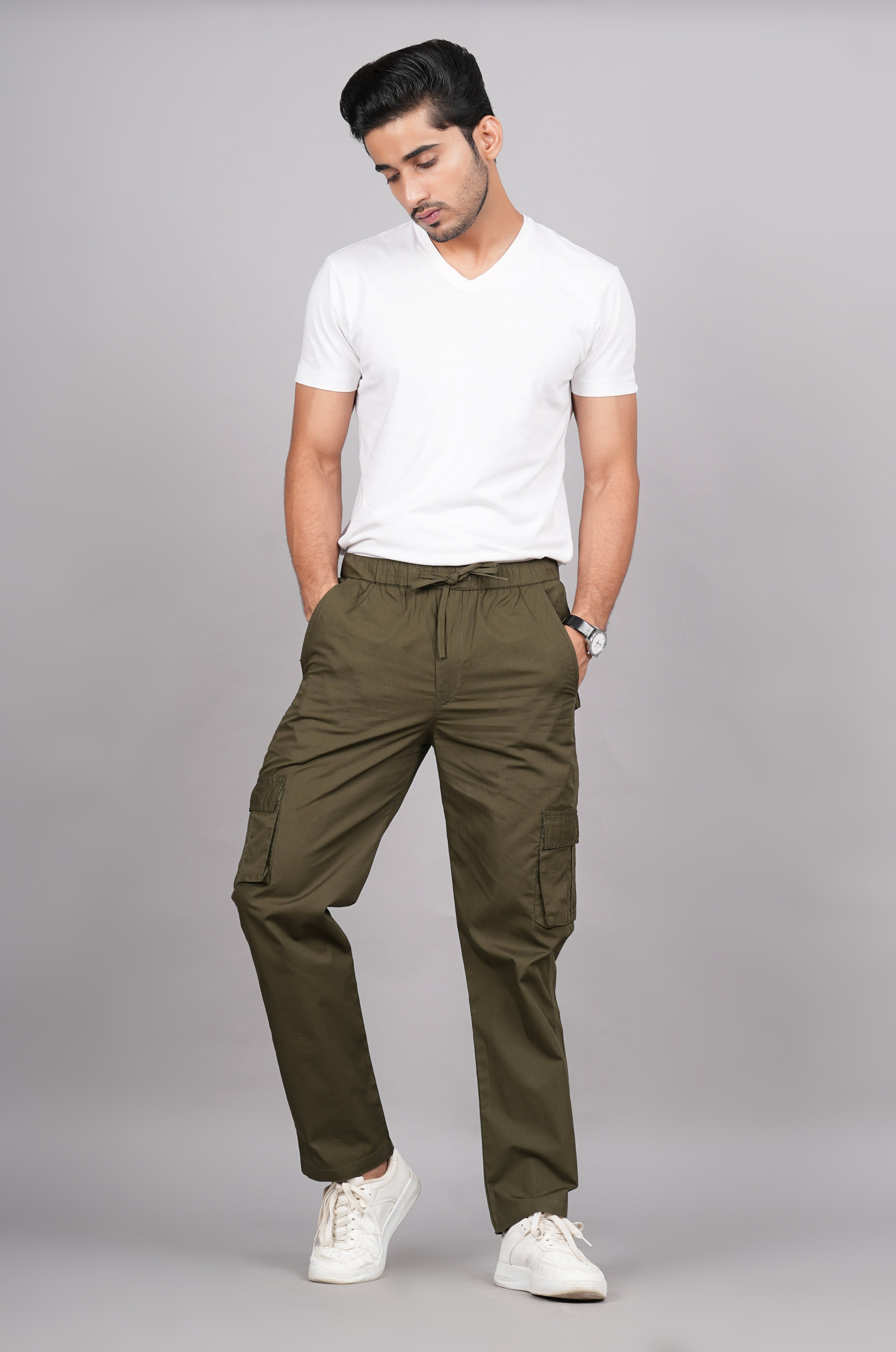 House of RP Men's Cotton Green Slim Fit Solid Cargos, Casual Trousers with Cargo Pockets | Grocsy