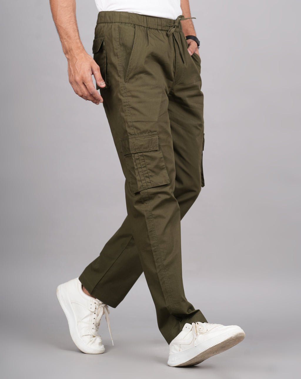 House of RP Men's Cotton Green Slim Fit Solid Cargos, Casual Trousers with Cargo Pockets | Grocsy