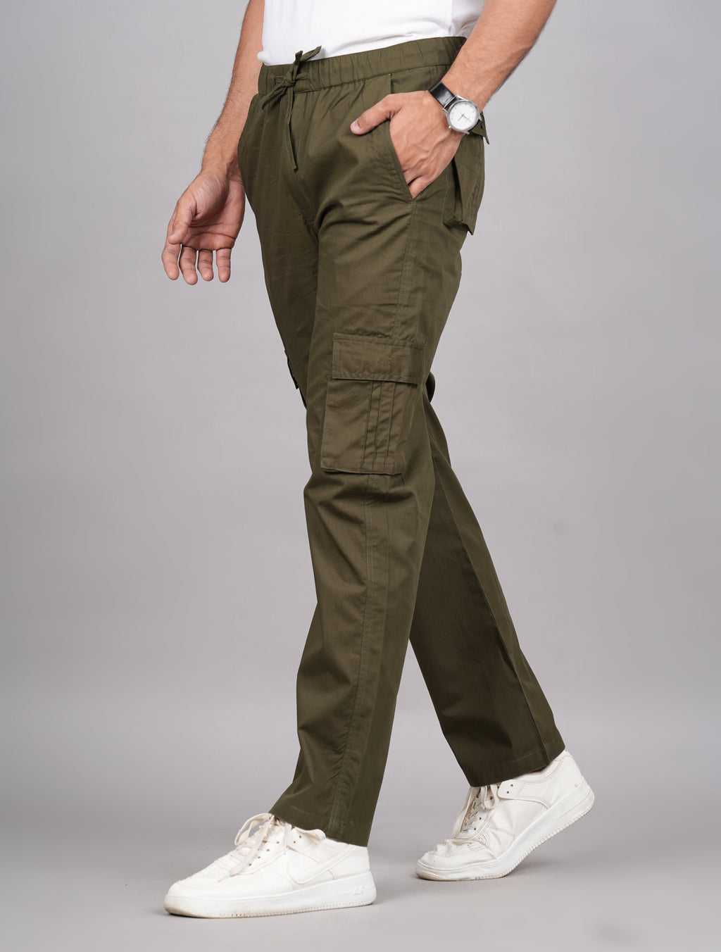 House of RP Men's Cotton Green Slim Fit Solid Cargos, Casual Trousers with Cargo Pockets | Grocsy