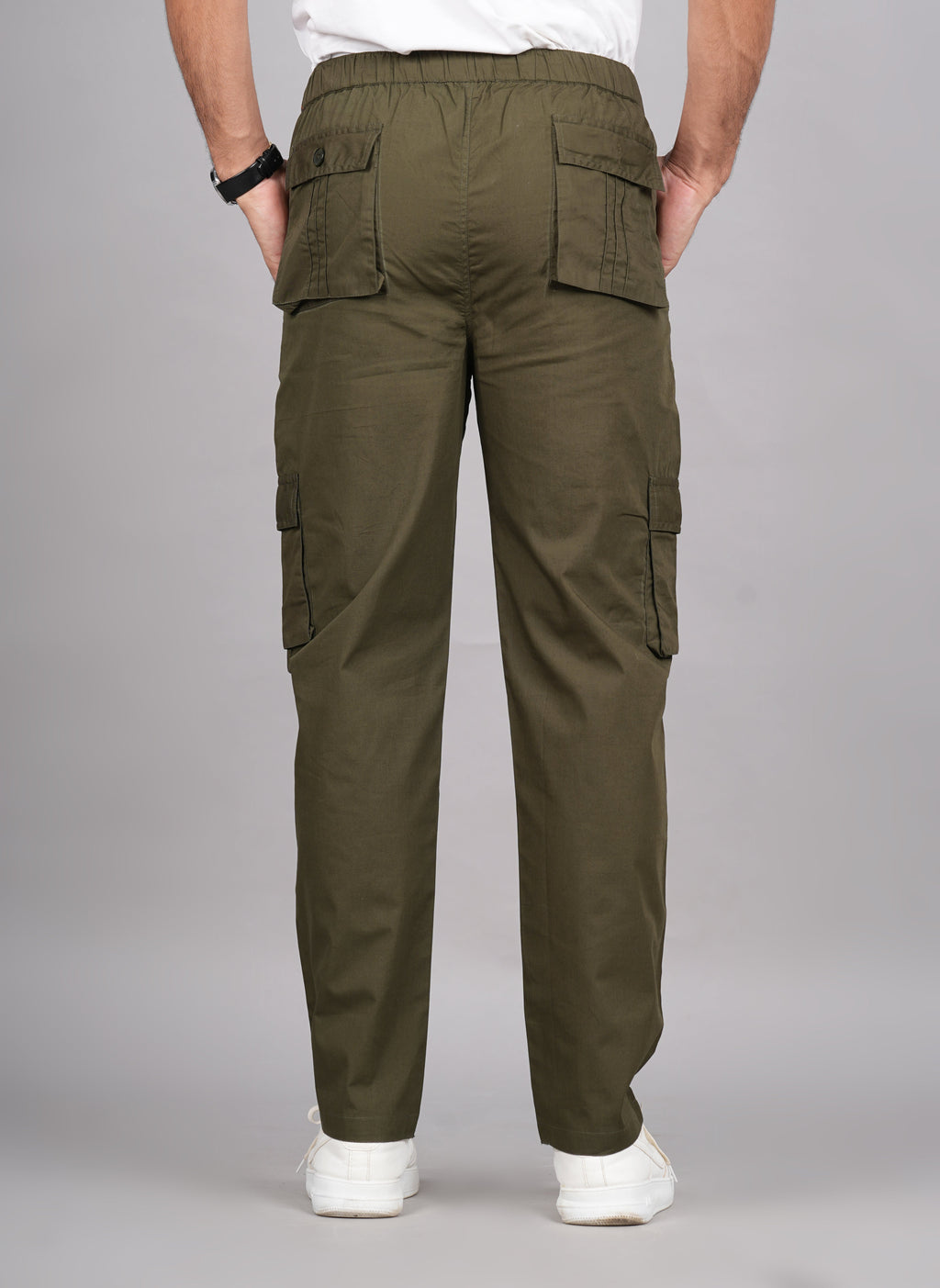 House of RP Men's Cotton Green Slim Fit Solid Cargos, Casual Trousers with Cargo Pockets | Grocsy