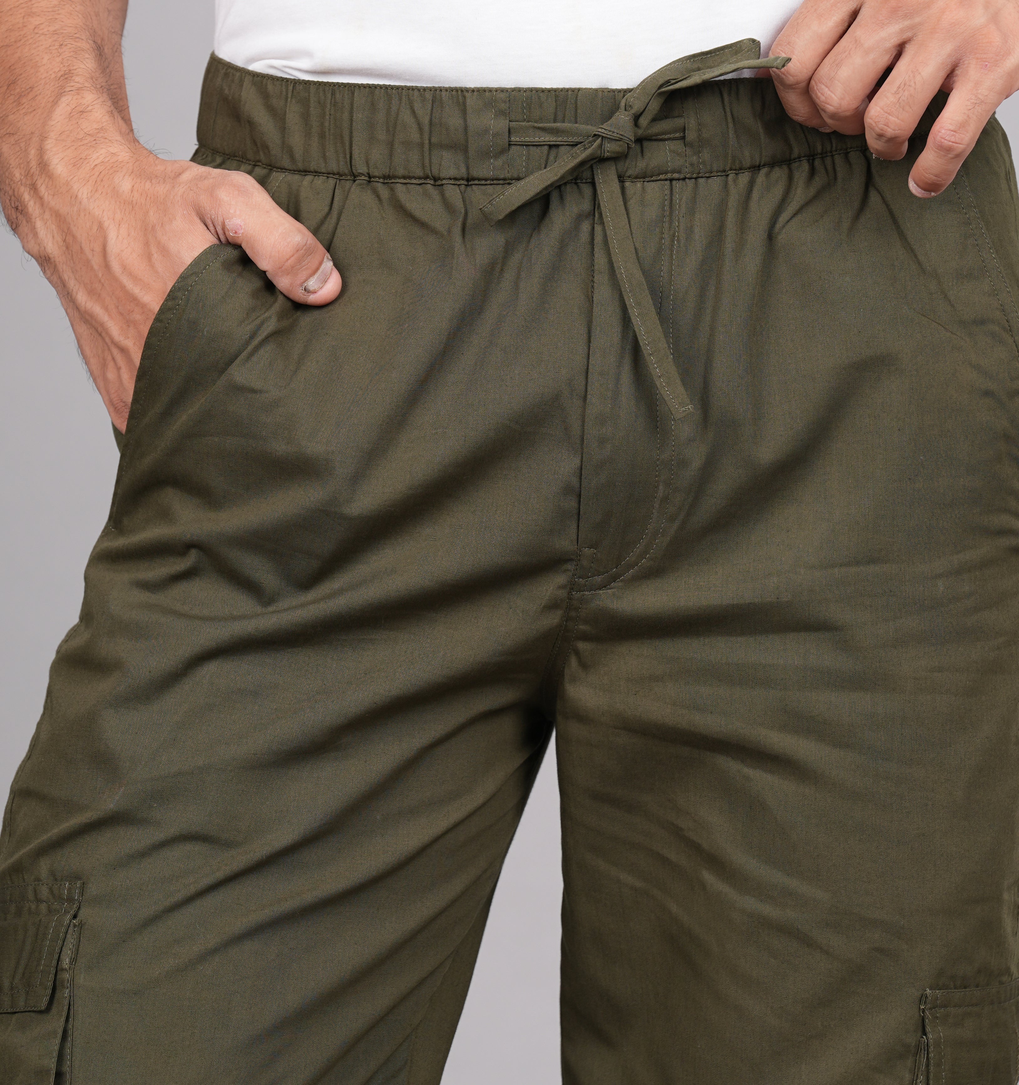 House of RP Men's Cotton Green Slim Fit Solid Cargos, Casual Trousers with Cargo Pockets | Grocsy