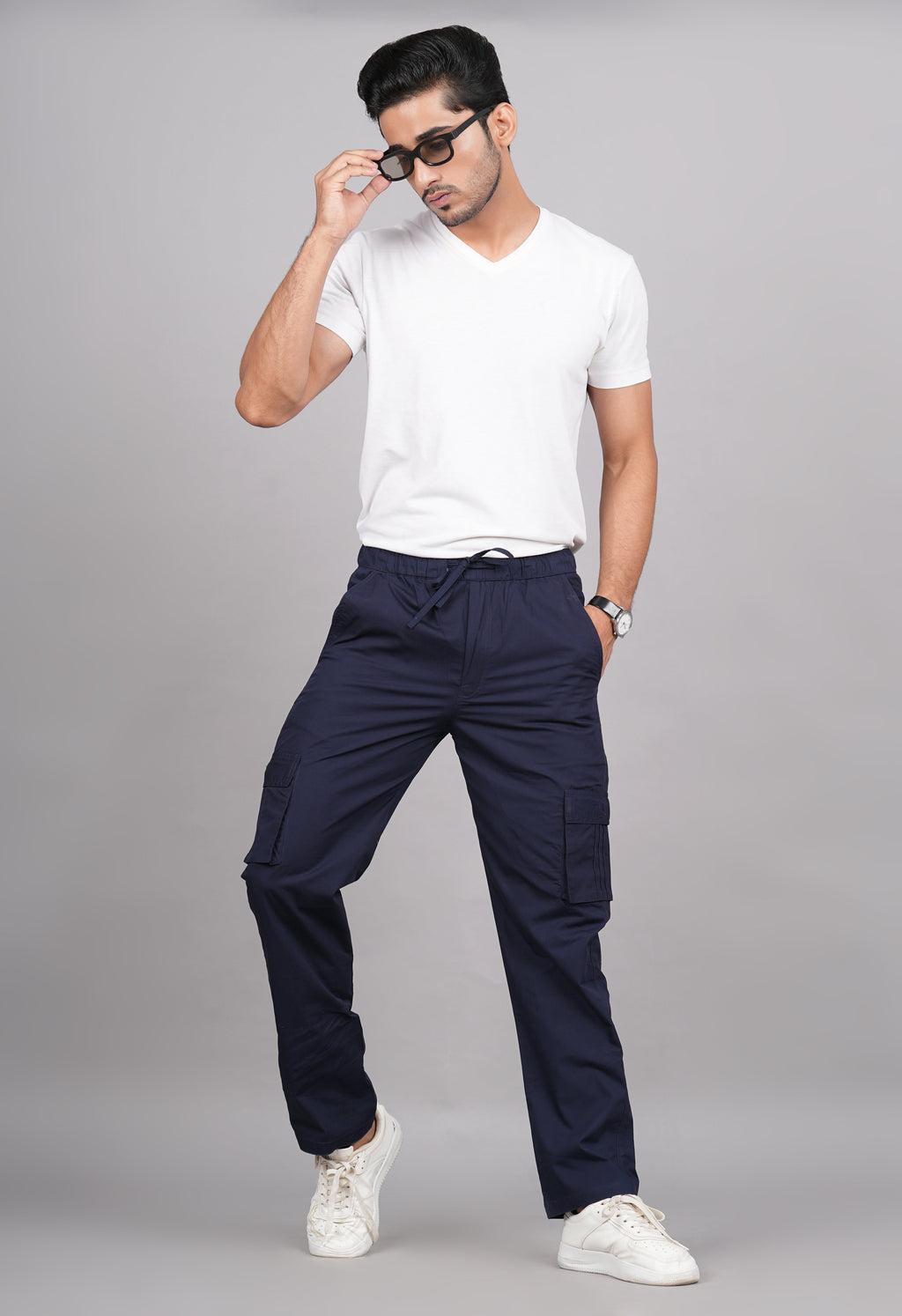 House of RP Men's Cotton Blue Slim Fit Solid Cargos, Casual Trousers with Cargo Pockets | Grocsy