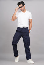 House of RP Men's Cotton Blue Slim Fit Solid Cargos, Casual Trousers with Cargo Pockets | Grocsy