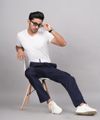 House of RP Men's Cotton Blue Slim Fit Solid Cargos, Casual Trousers with Cargo Pockets | Grocsy