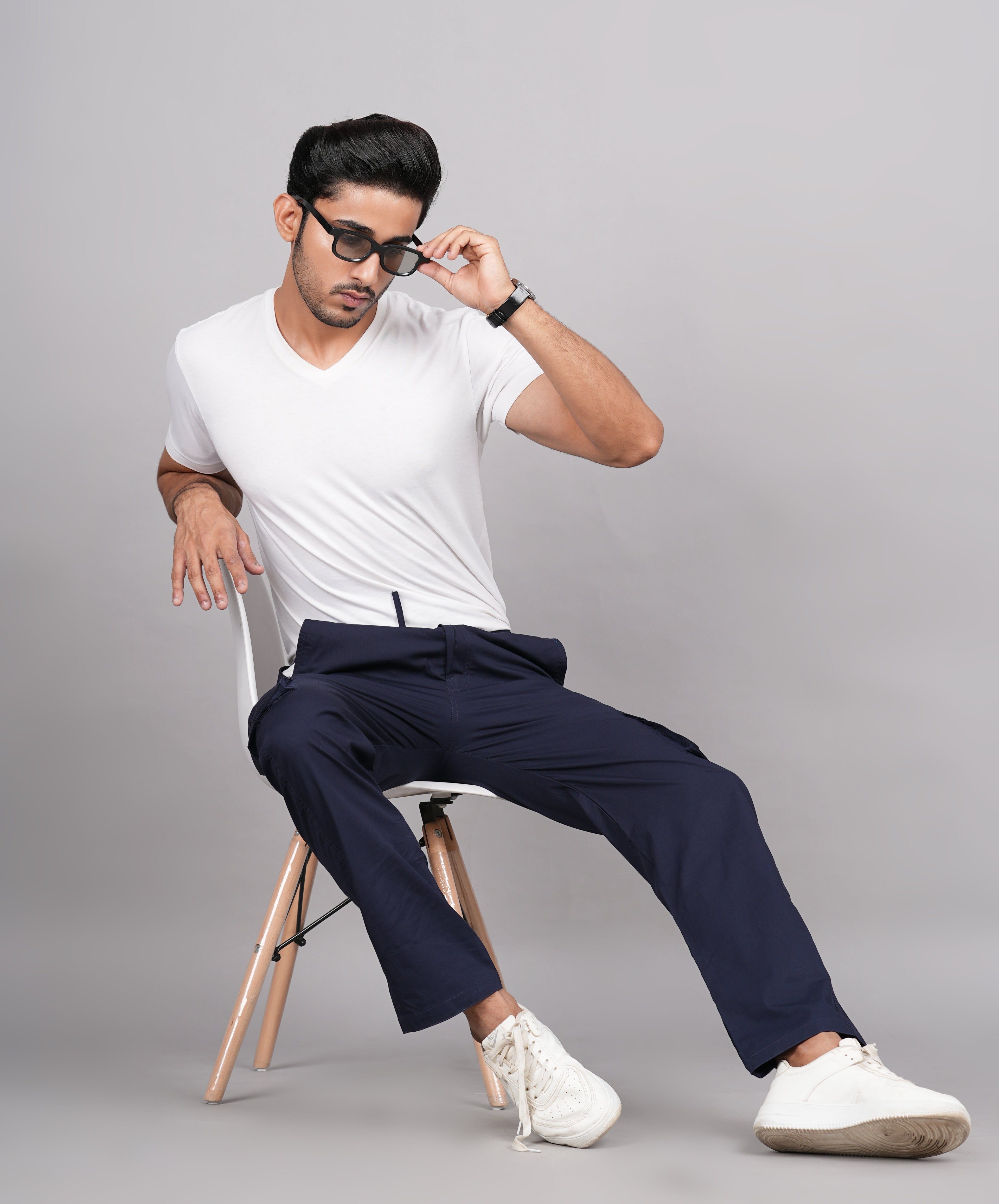 House of RP Men's Cotton Blue Slim Fit Solid Cargos, Casual Trousers with Cargo Pockets | Grocsy